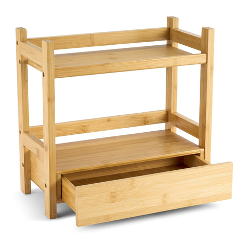 Sorbus front view of two-tier bamboo shelf showing tidy storage benefit