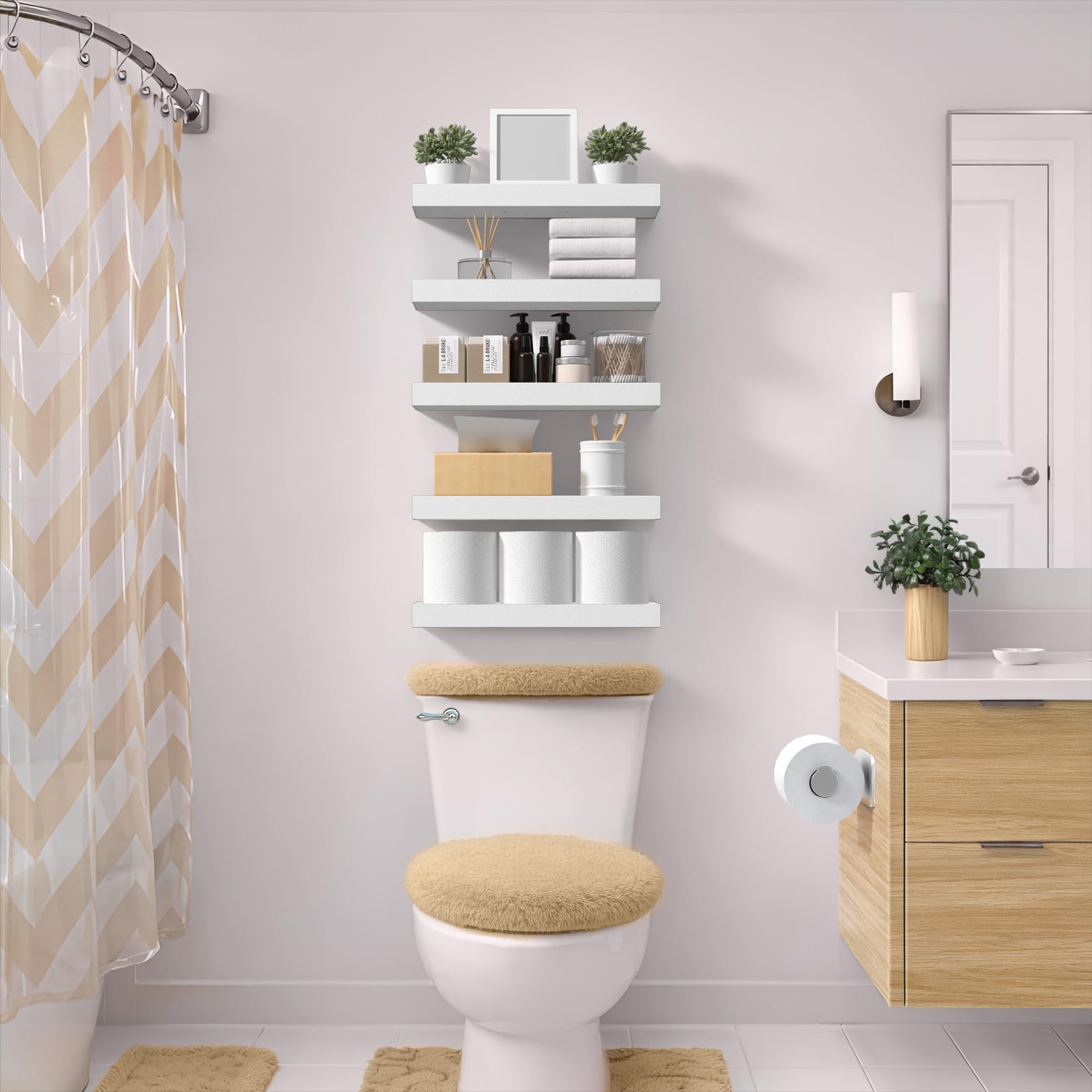 Sorbus mounted shelf above a bathroom vanity holding toiletries and decor