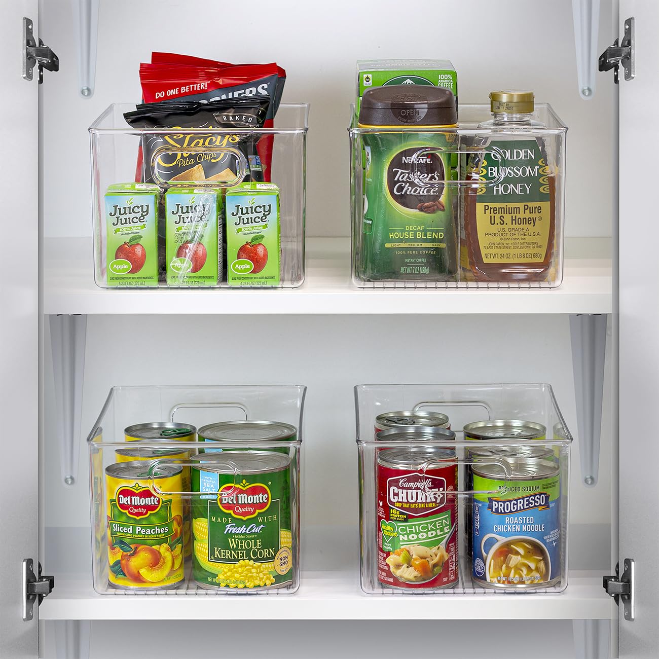 Sorbus bins on pantry shelf grouping items for neat storage