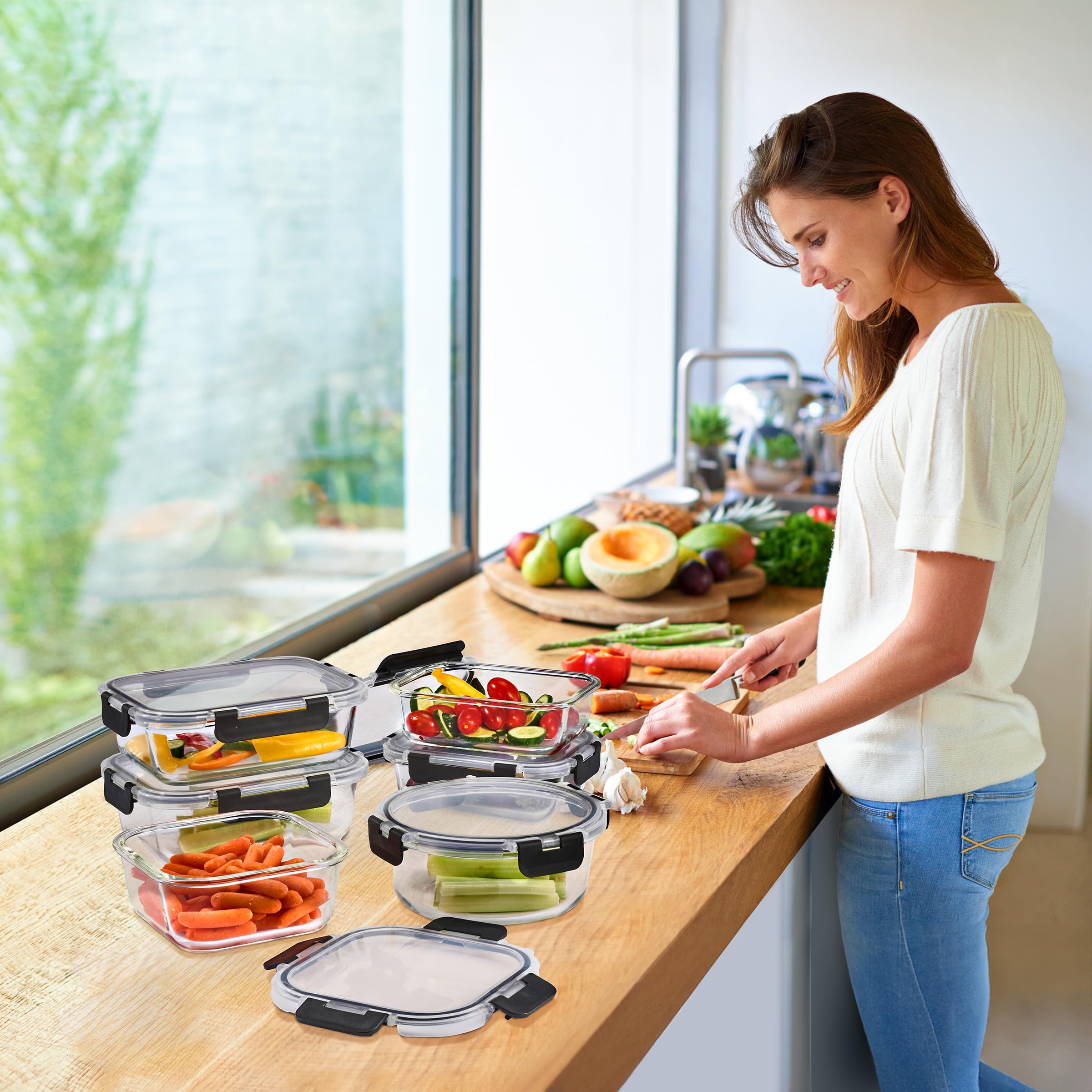 Sorbus stacked containers in refrigerator illustrating space-saving and neat storage benefit