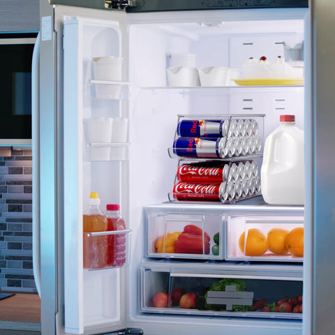 Sorbus two organizers stacked with lids in fridge demonstrating vertical space saving