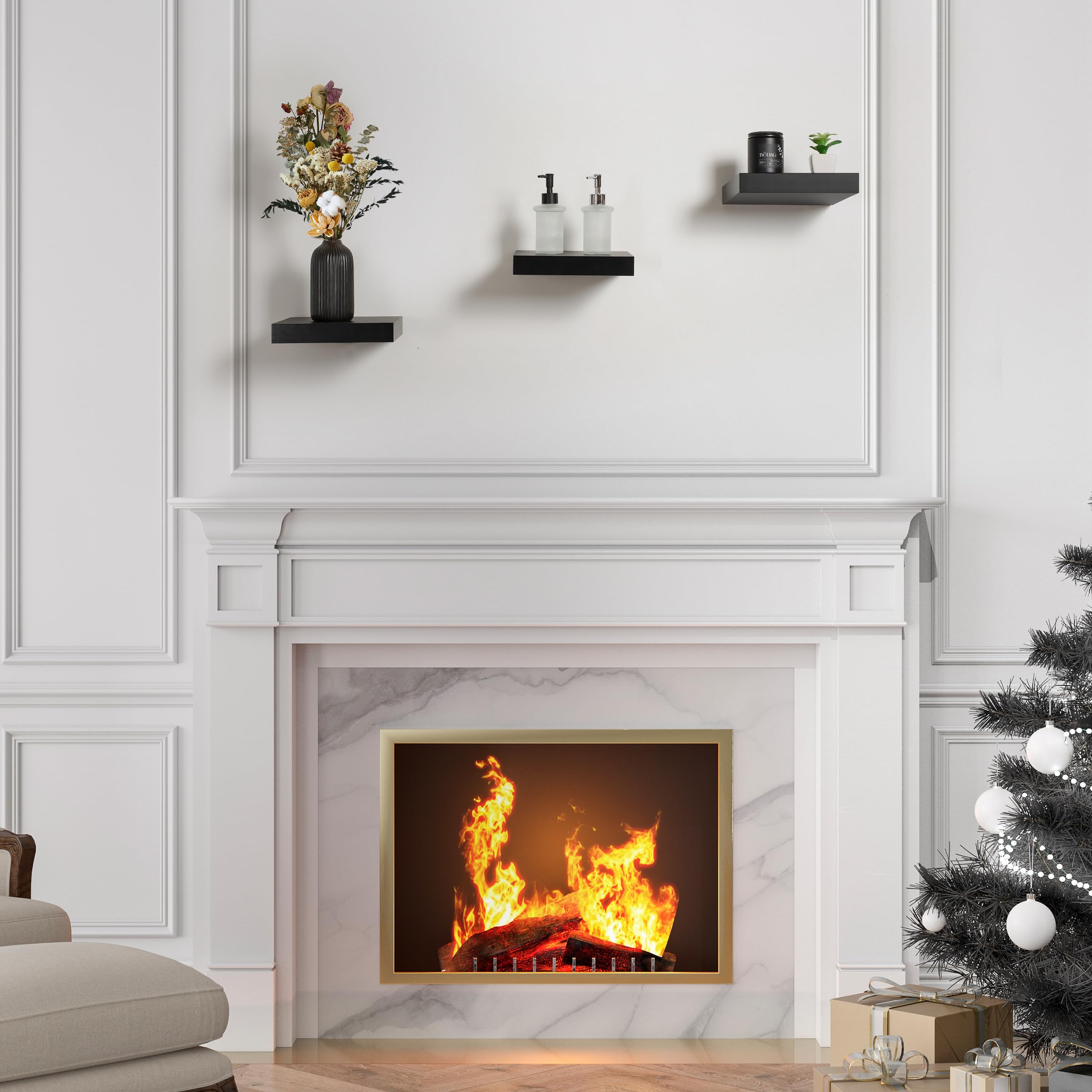 Sorbus styled living room with shelves displaying décor to add focal interest