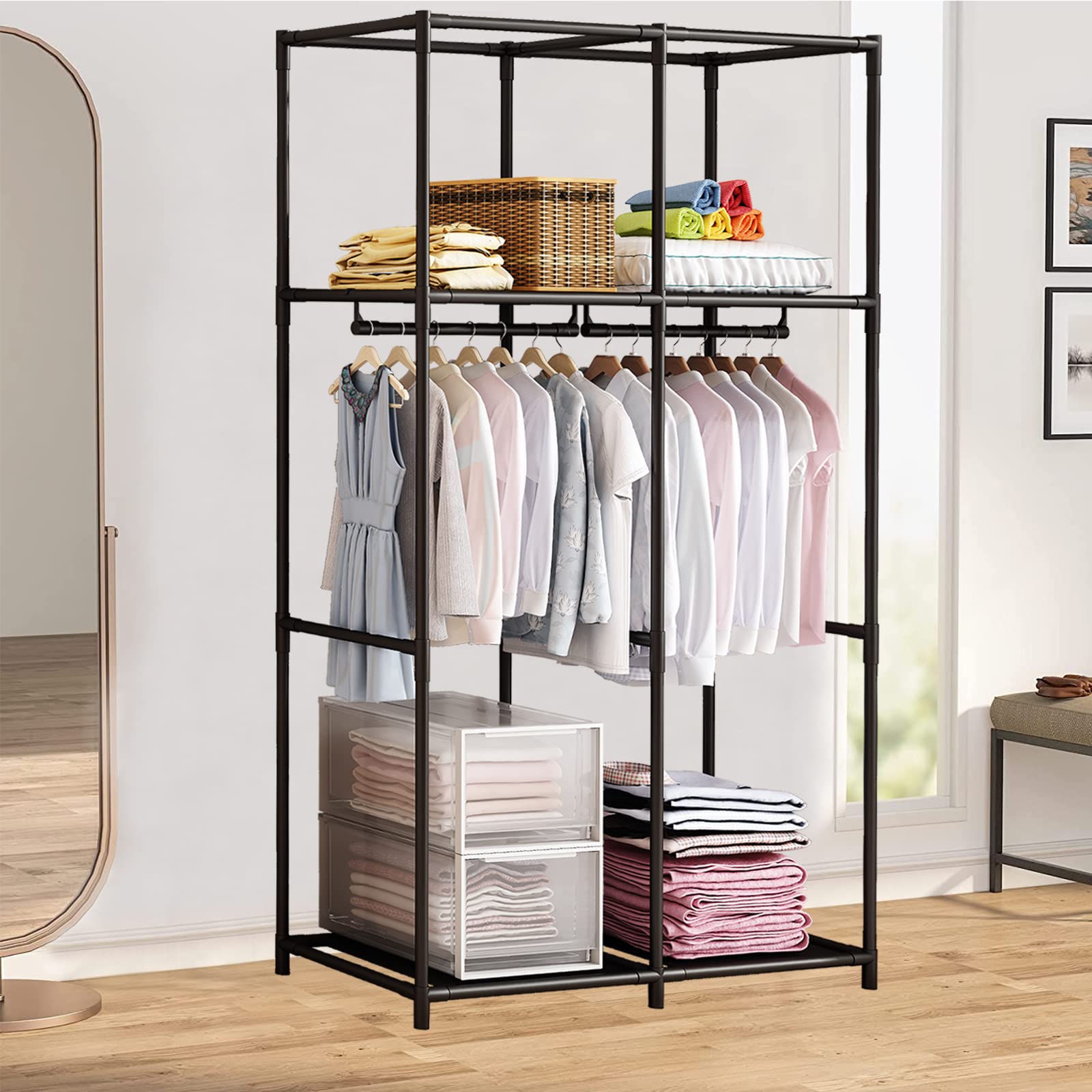 SORCEDAS hanging rods loaded with coats showing efficient garment storage
