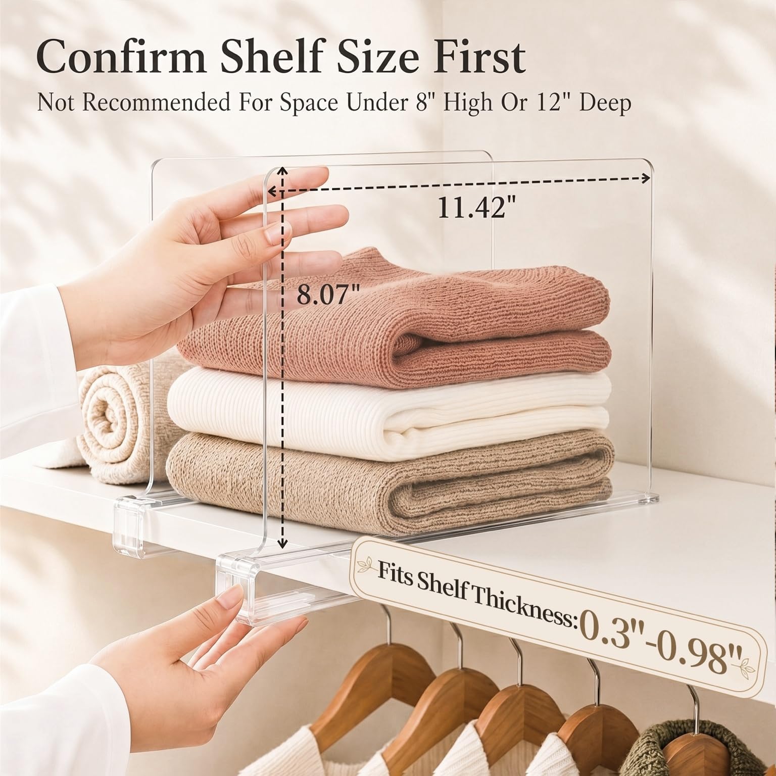 SortNStore hand showing divider scale to illustrate size and easy repositioning benefit