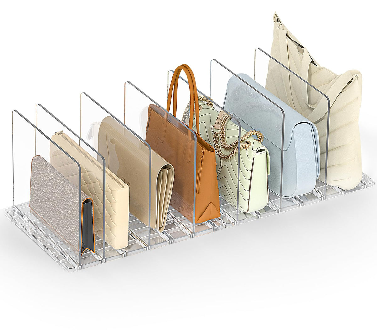 SortNStore front view showing assembled clear organizer and neat handbags