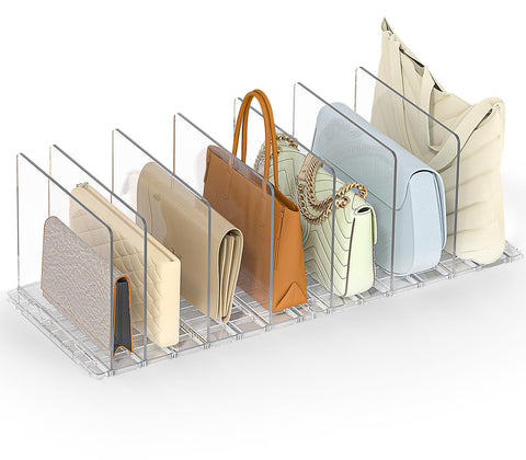 SortNStore front view showing assembled clear organizer and neat handbags