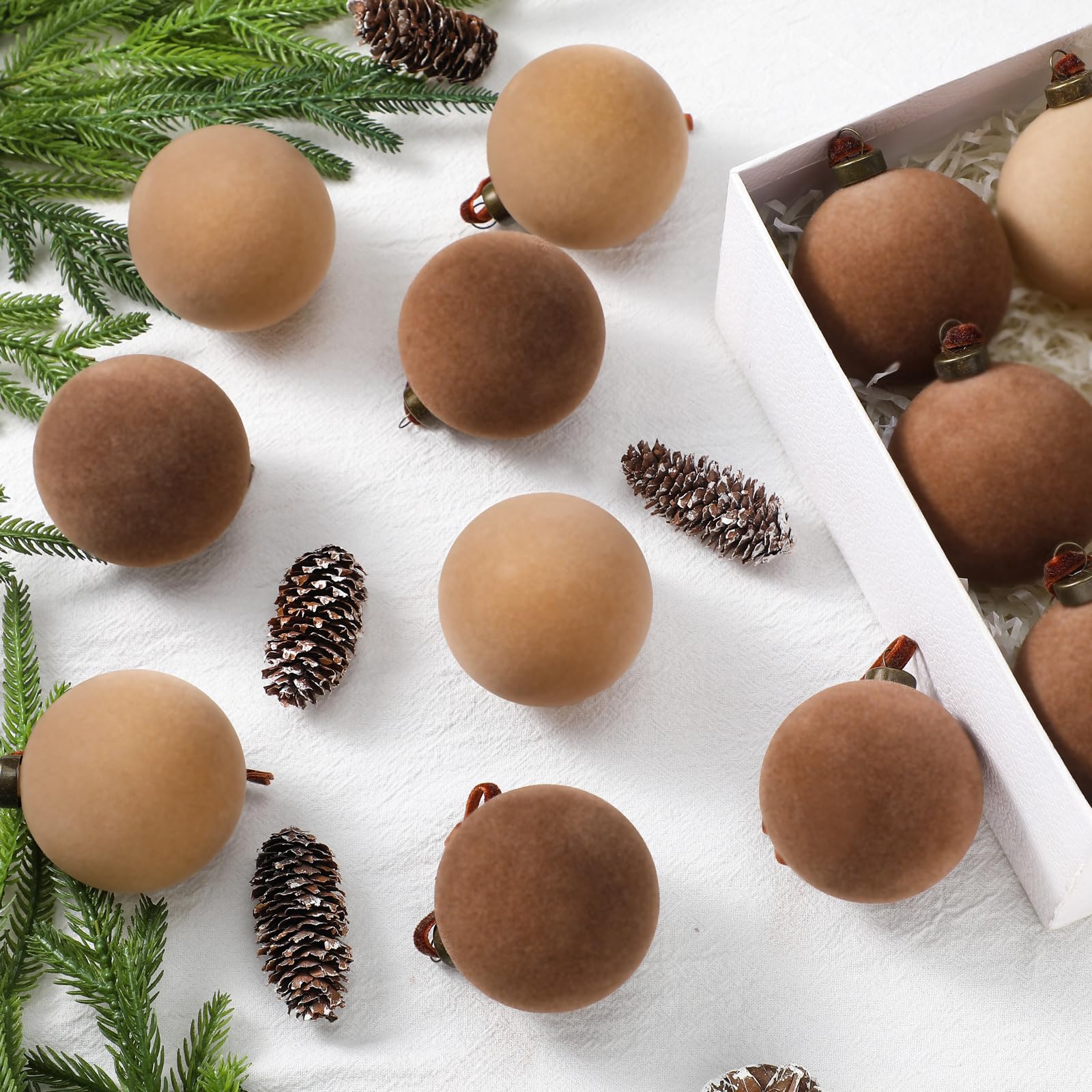 Sotiff front packaging showing full 48-piece brown velvet ornament set, ready to decorate