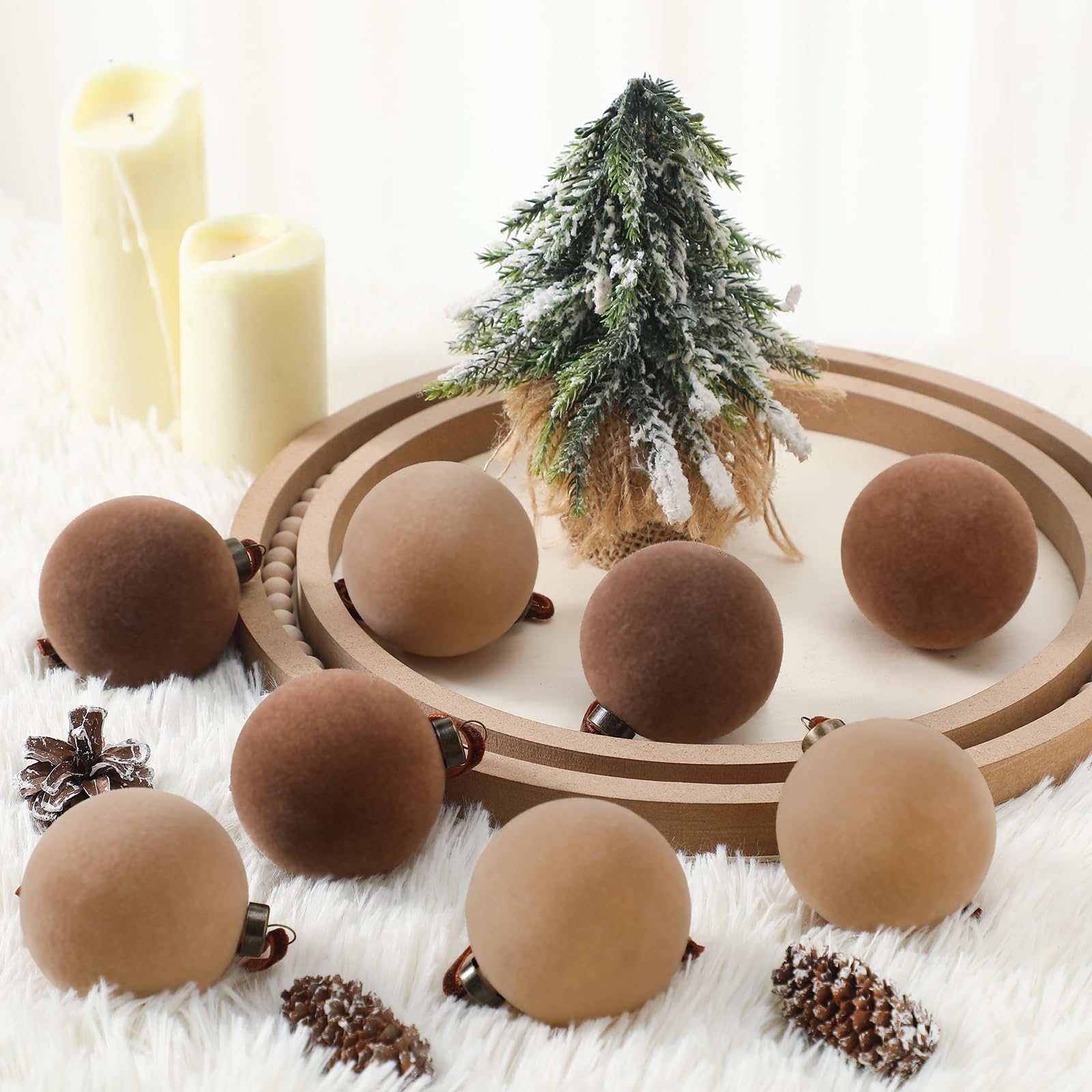 Sotiff brown velvet balls arranged on a wreath and garland for rustic décor