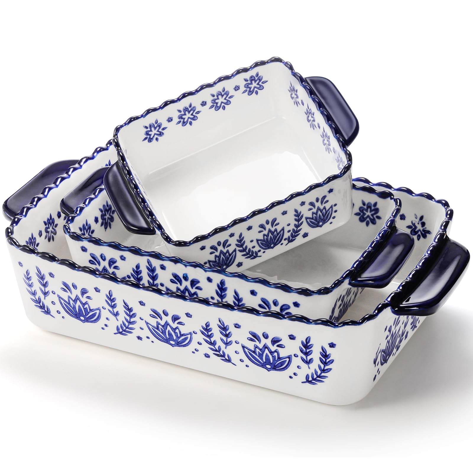 SOUJOY front view of three porcelain rectangular dishes shows complete set and presentation