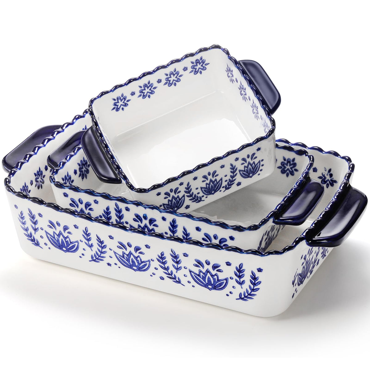 SOUJOY front view of three porcelain rectangular dishes shows complete set and presentation