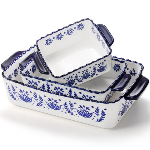 SOUJOY front view of three porcelain rectangular dishes shows complete set and presentation
