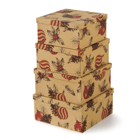 Soul & Lane front view of retro kraft nesting gift boxes showing festive design and neat presentation