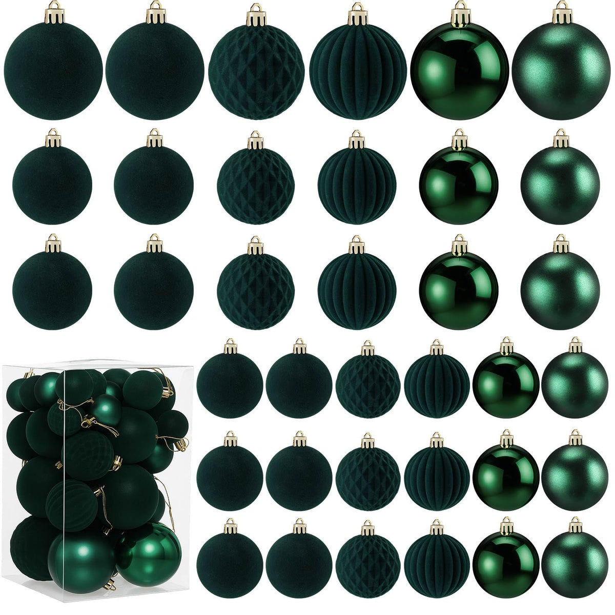 Soulchen front view of 42-piece dark green velvet ornament set showing complete contents and packaging