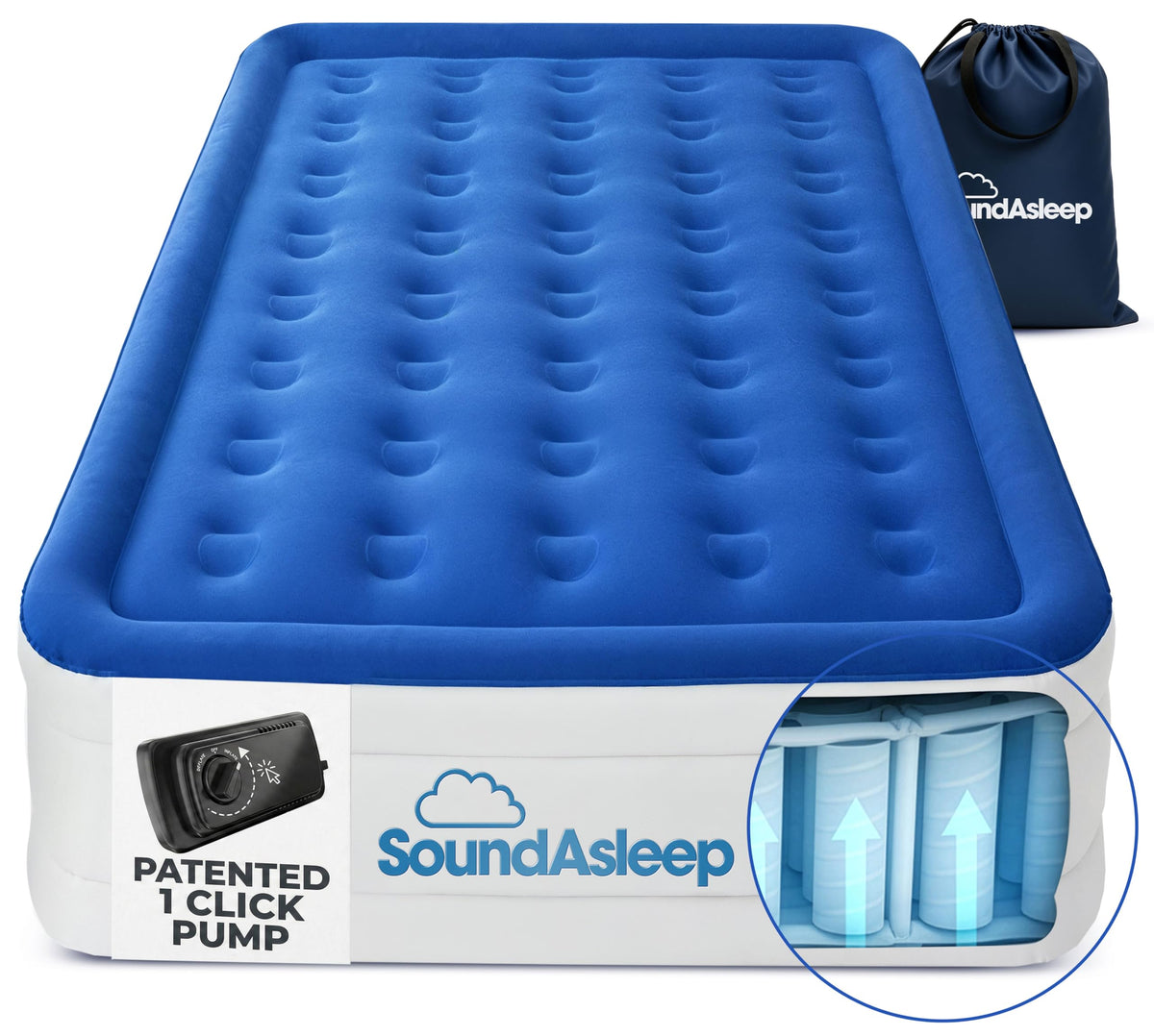 SoundAsleep front view of raised queen mattress showing bed-like profile and fast setup
