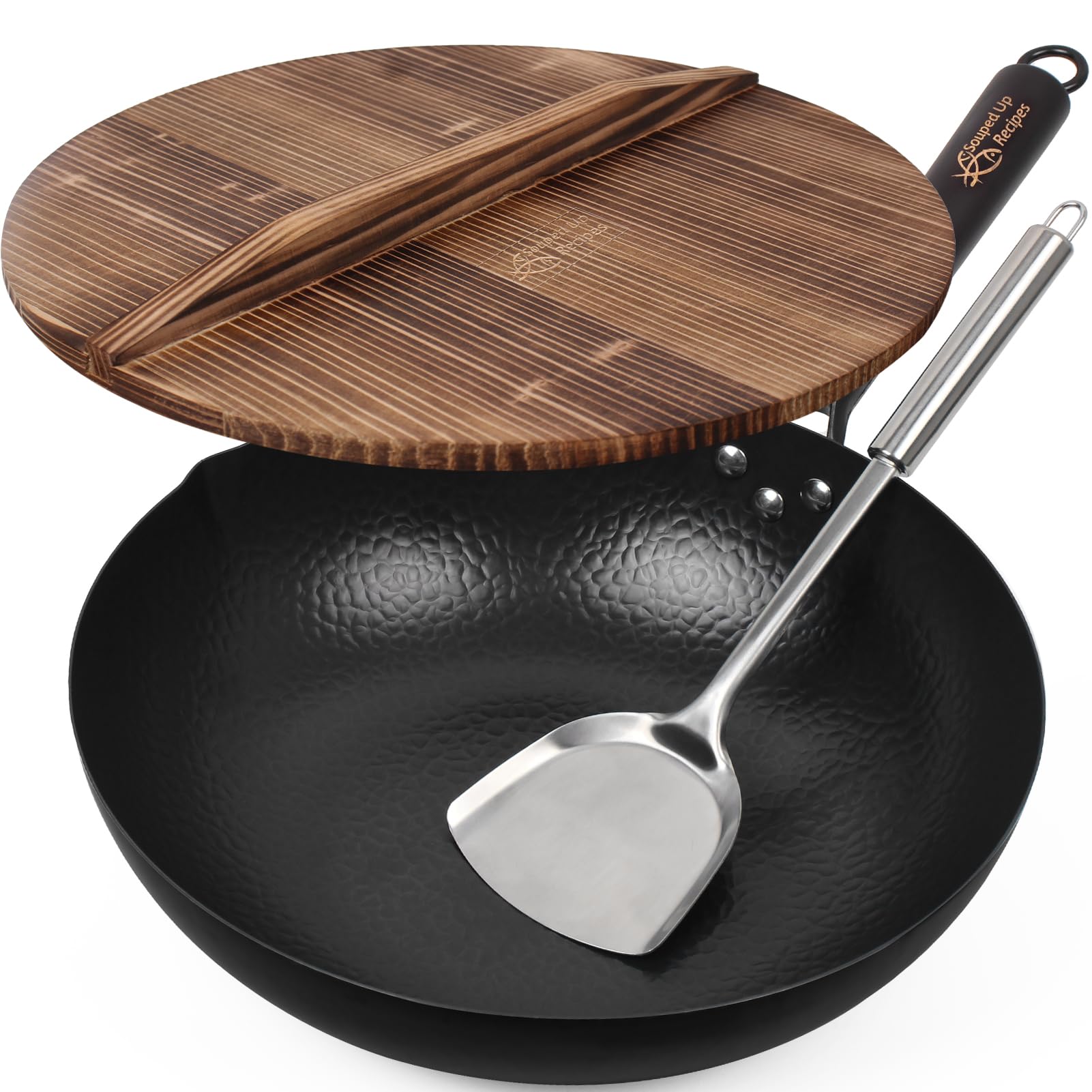 Souped Up Recipes front view of wok showing flat bottom and handles for stable heating
