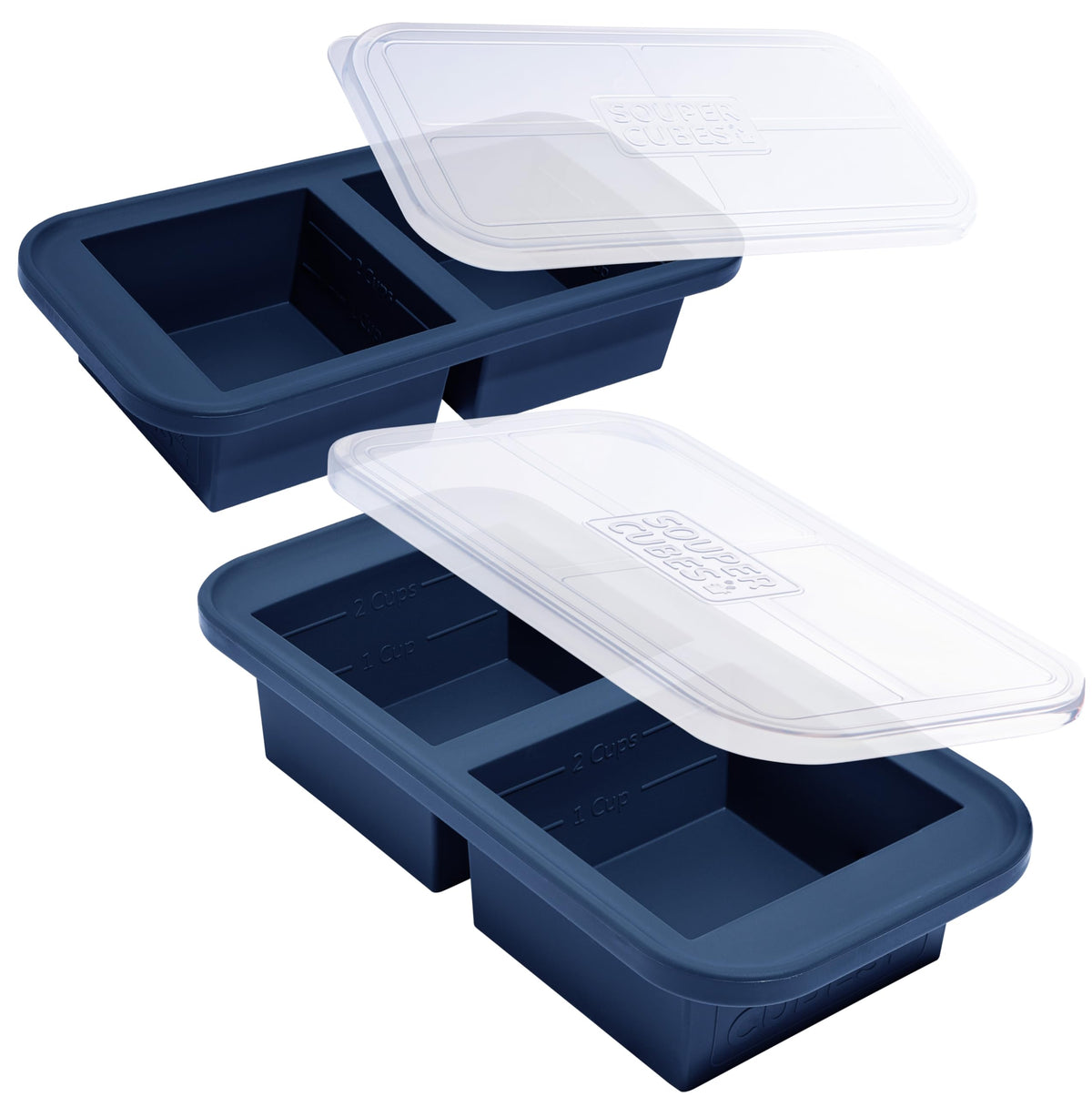 Souper Cubes blueberry front packaging showing two stackable silicone molds and lids for easy storage