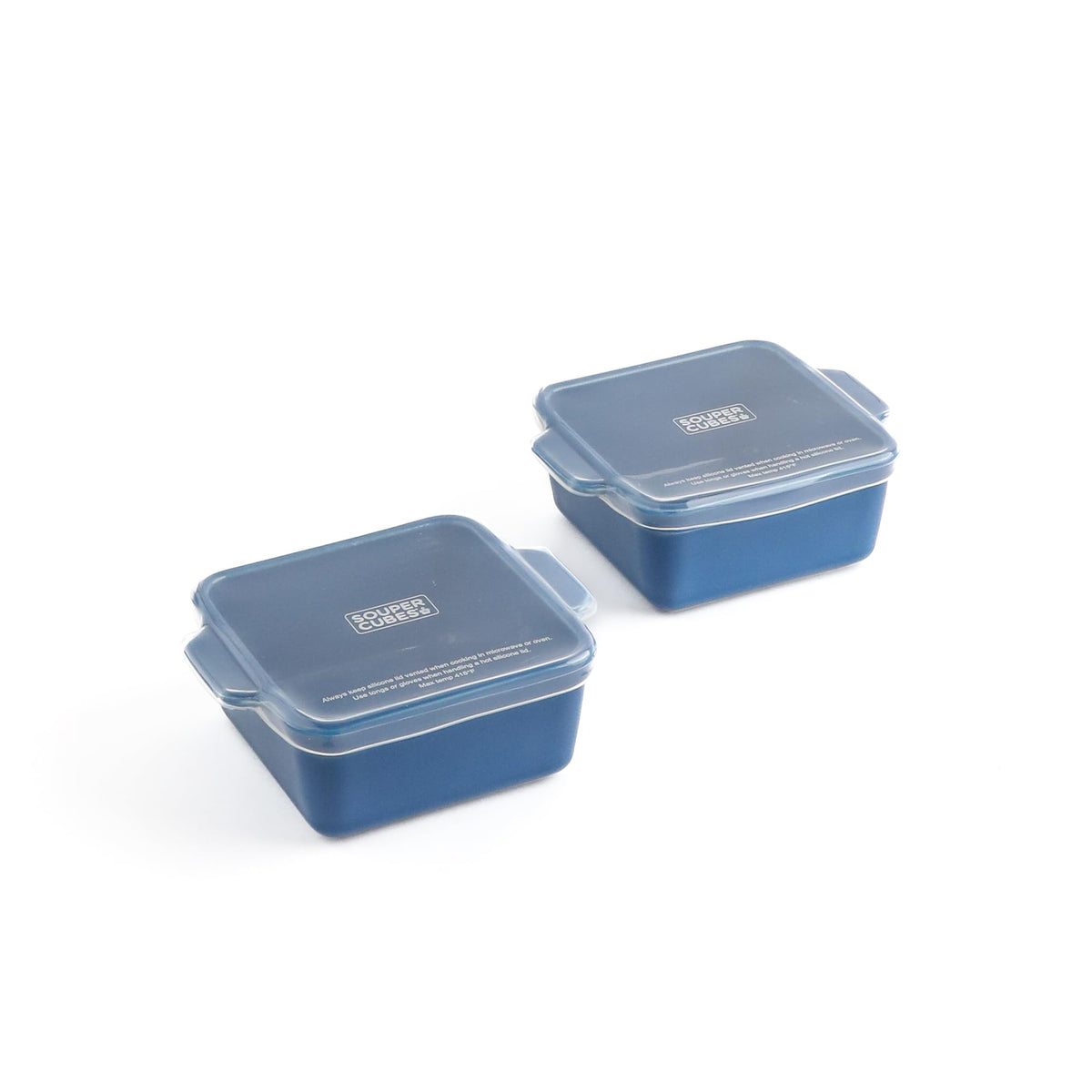 Souper Cubes front view of blueberry 5x5 inch dish with lid showing compact benefit