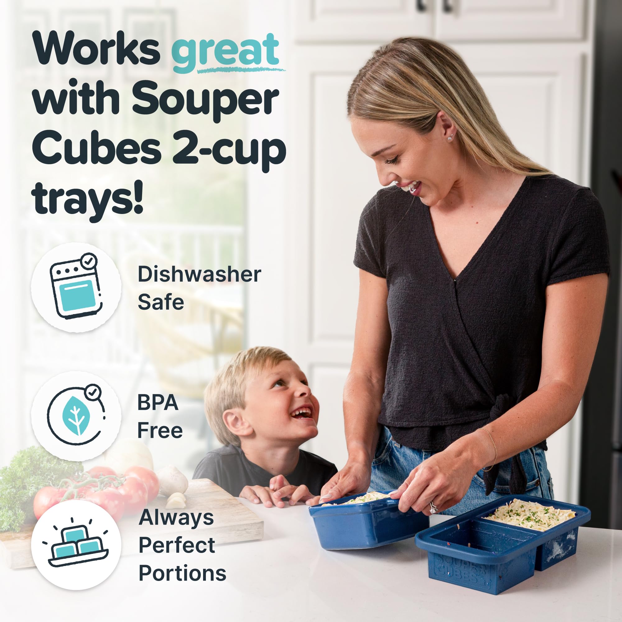Souper Cubes size comparison in hand demonstrating 5x5 portability and portion control