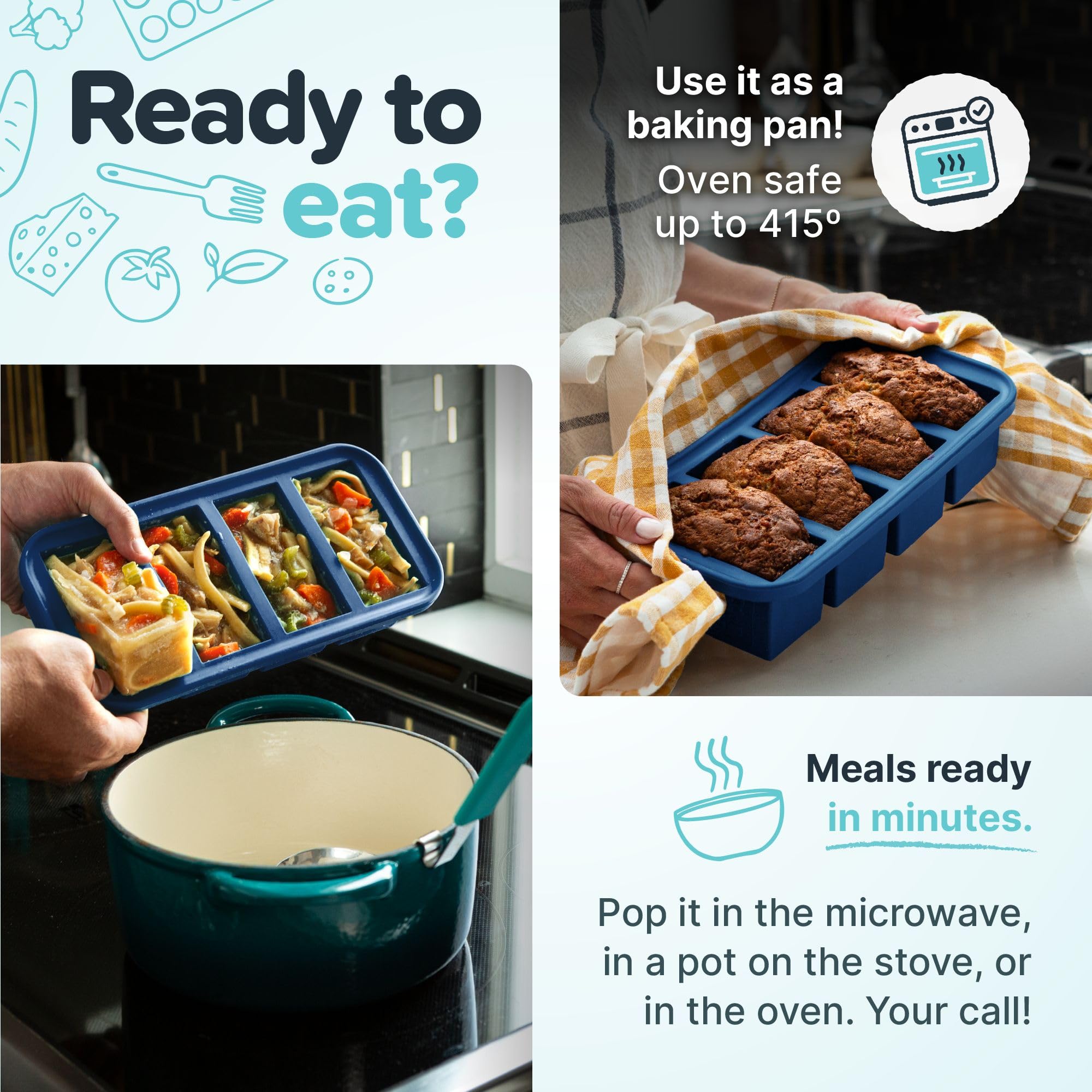 Souper Cubes blueberry served on dinner table with reheated meal ready, simplifying family dinners