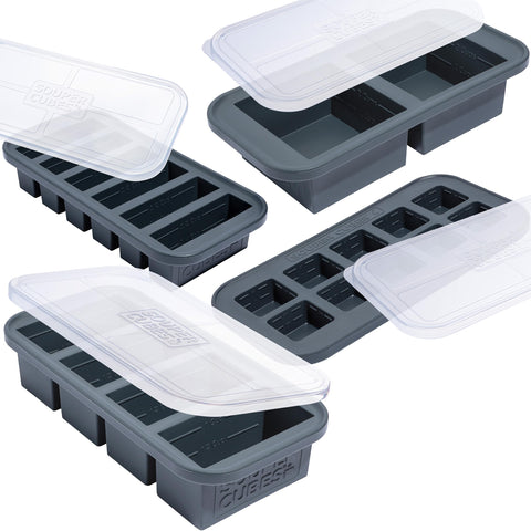 Souper Cubes charcoal front packaging showing four silicone trays and lids for organized freezing