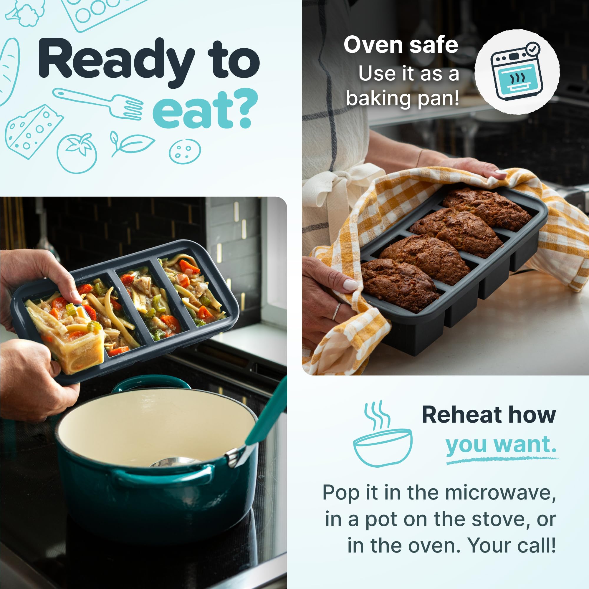 Souper Cubes on kitchen counter with prepared meals highlighting fast weeknight reheating