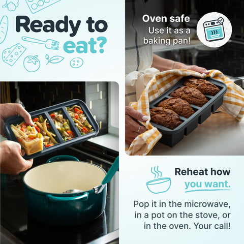Souper Cubes on kitchen counter with prepared meals highlighting fast weeknight reheating