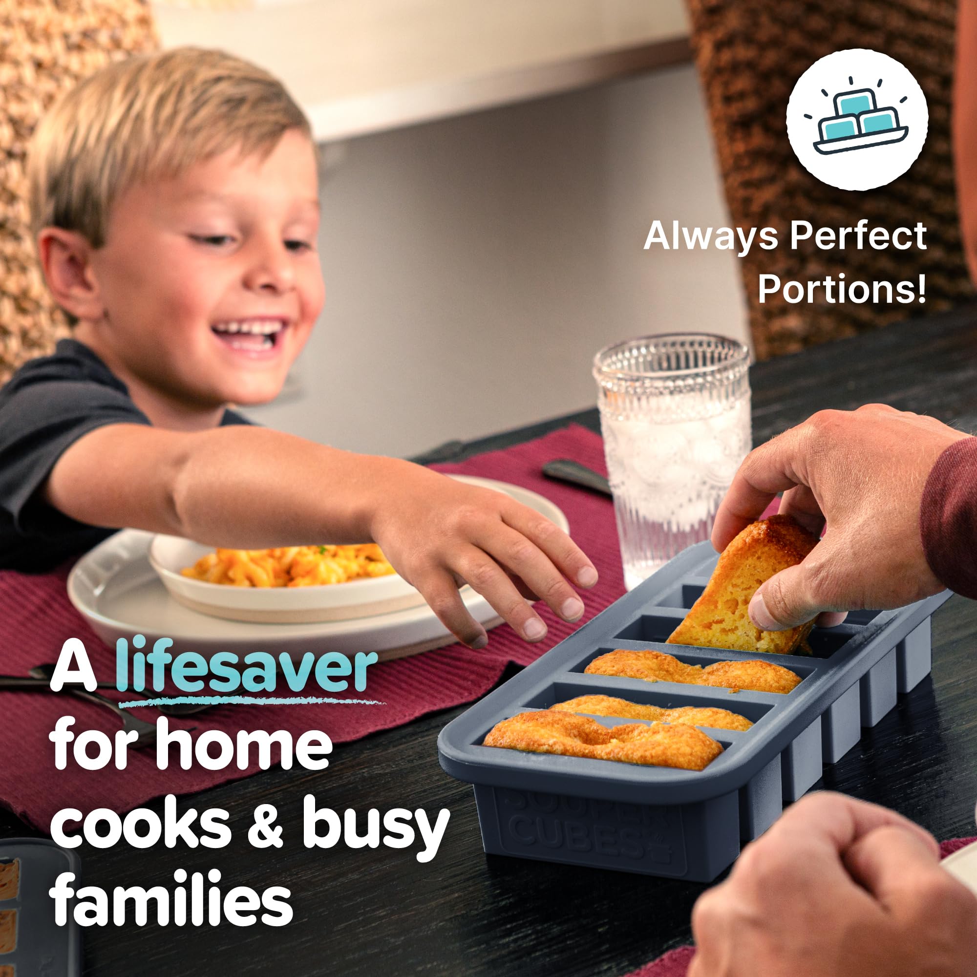 Souper Cubes stacked trays in freezer illustrating compact, spill-free organization