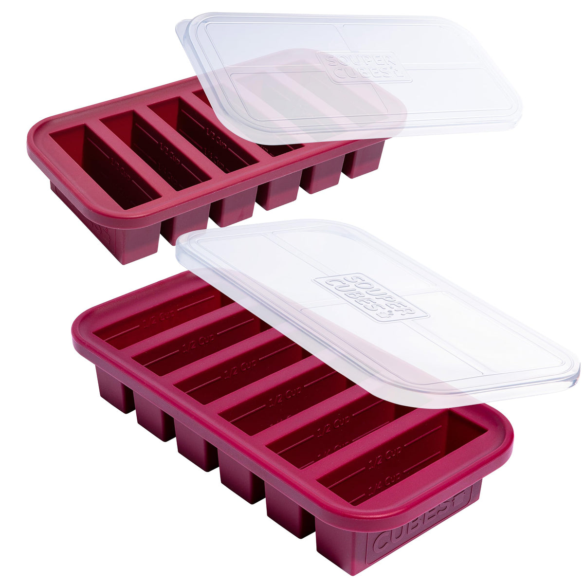 Souper Cubes cranberry front packaging showing two molds and secure lids for convenient storage