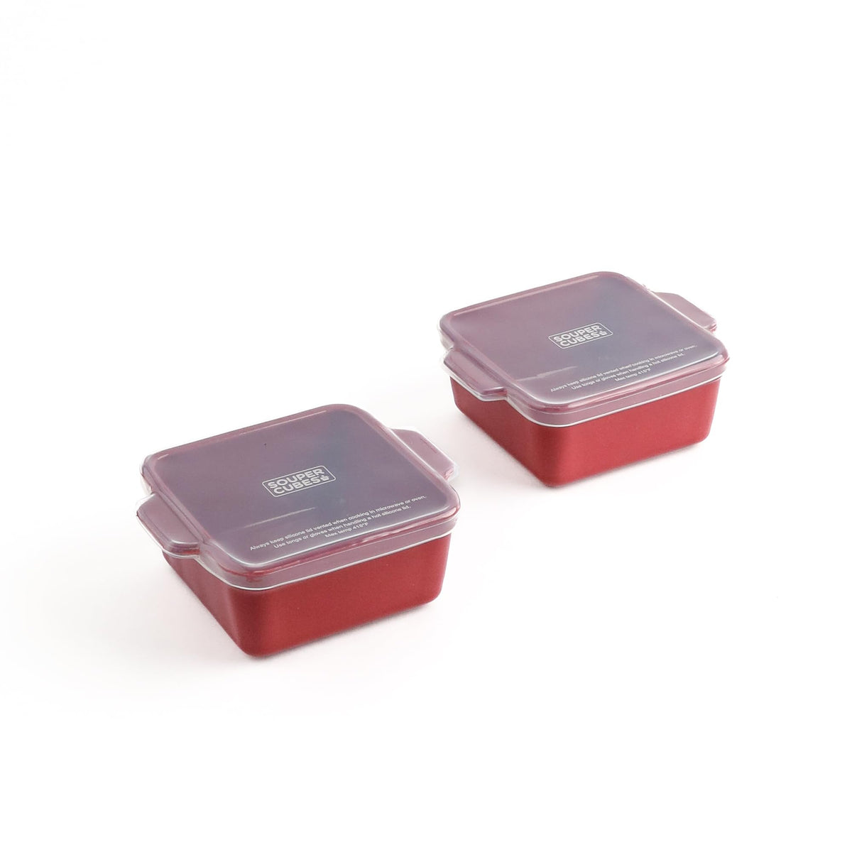 Souper Cubes front view of cranberry 5x5 ceramic dishes showing attractive finish and compact size