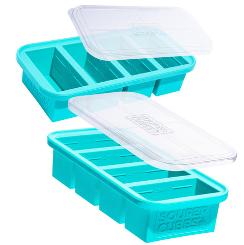 Souper Cubes front packaging aqua shows two-pack and portion benefits