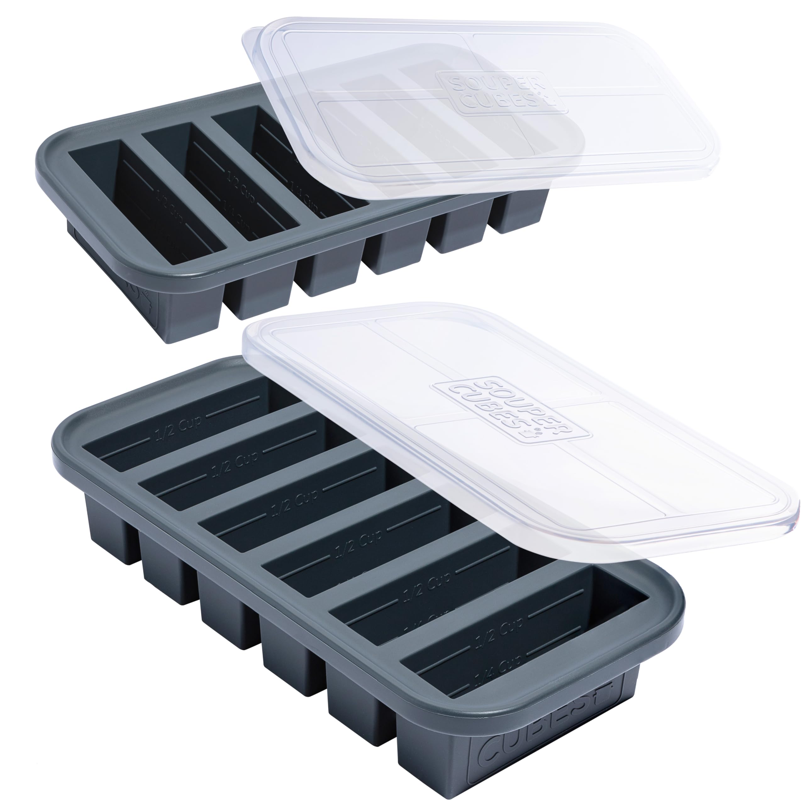 Souper Cubes front view showing charcoal molds and lids, organized for quick portioning