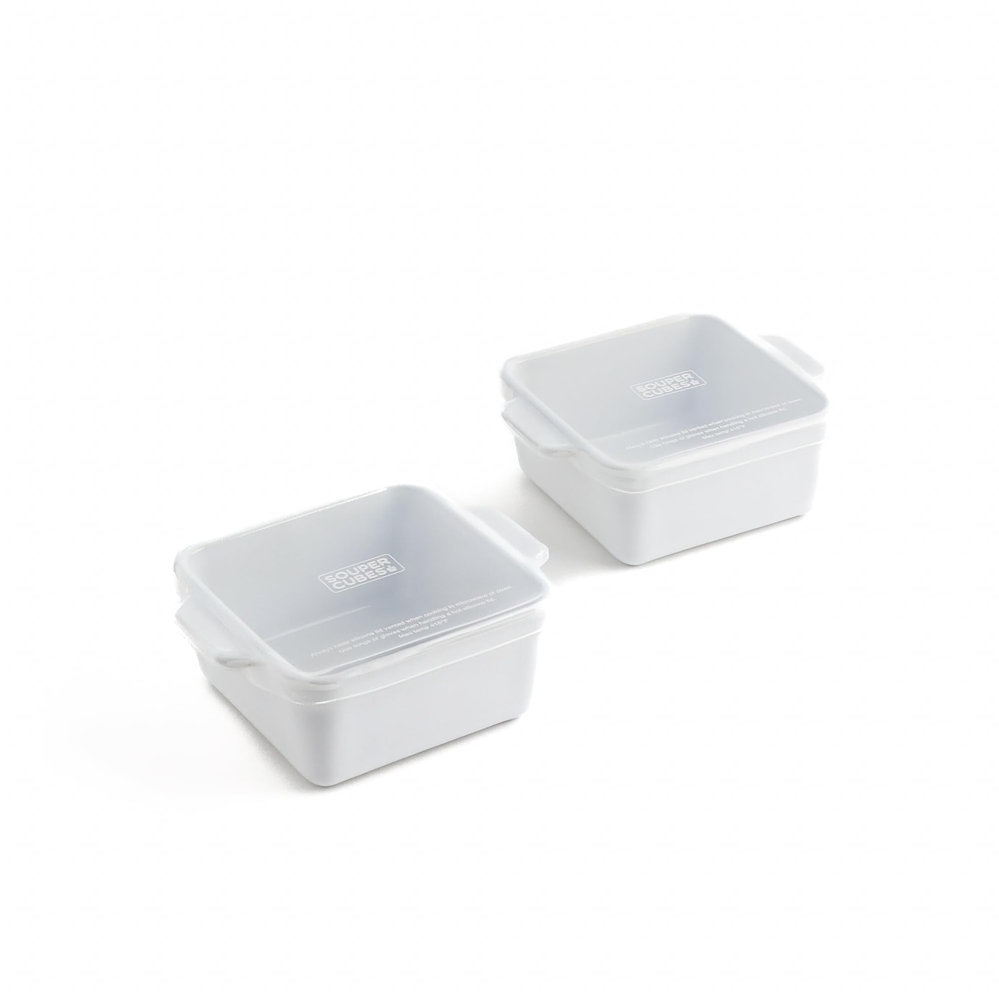 Souper Cubes front view of two white 5x5 dishes showing lids and clean finish for easy serving