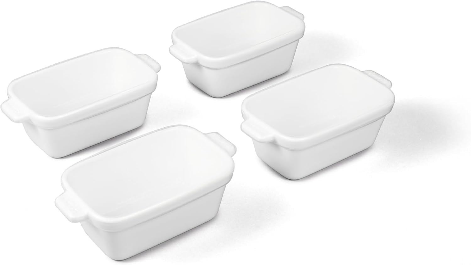 Souper Cubes white 5x3 dishes front view showing set of four and lids, compact storage benefit