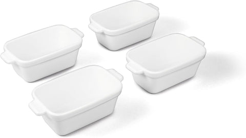 Souper Cubes white 5x3 dishes front view showing set of four and lids, compact storage benefit