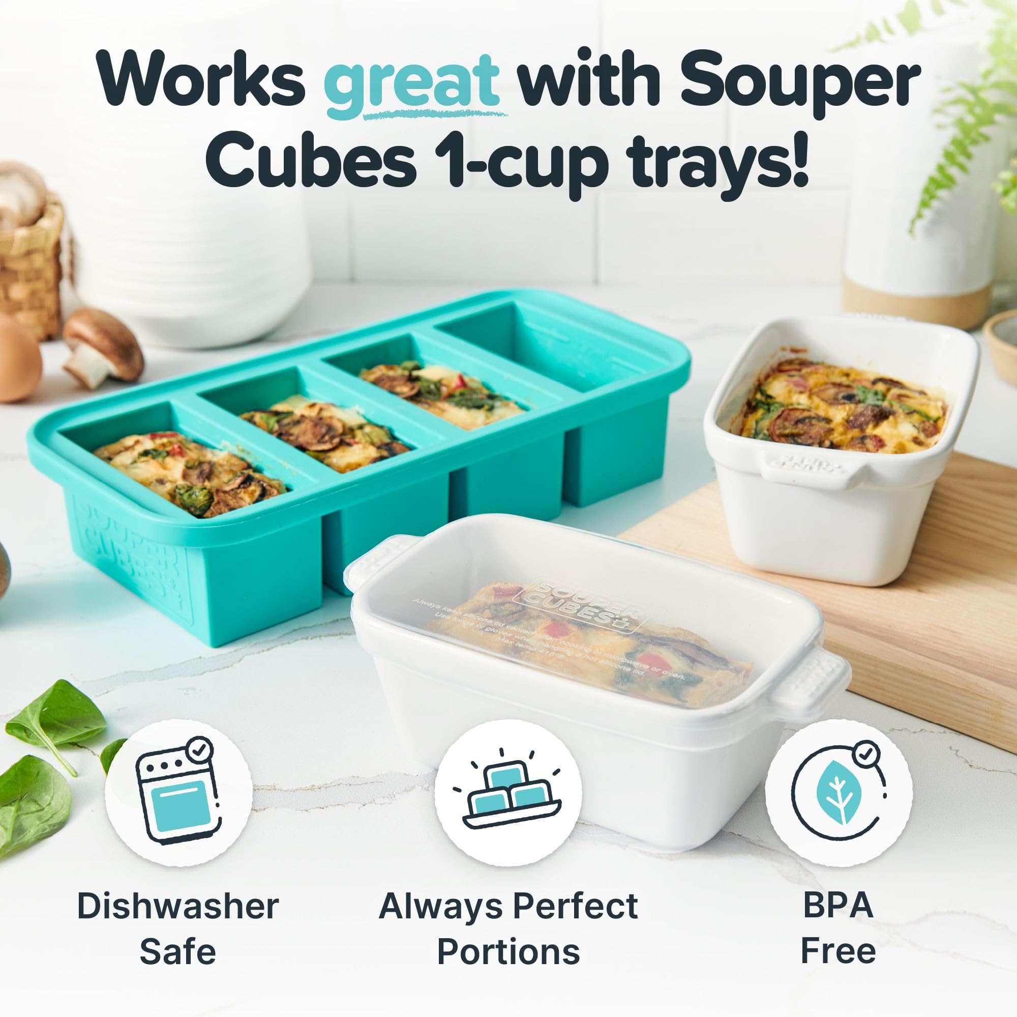 Souper Cubes dish in oven and then plated, demonstrating convenient reheating and serving
