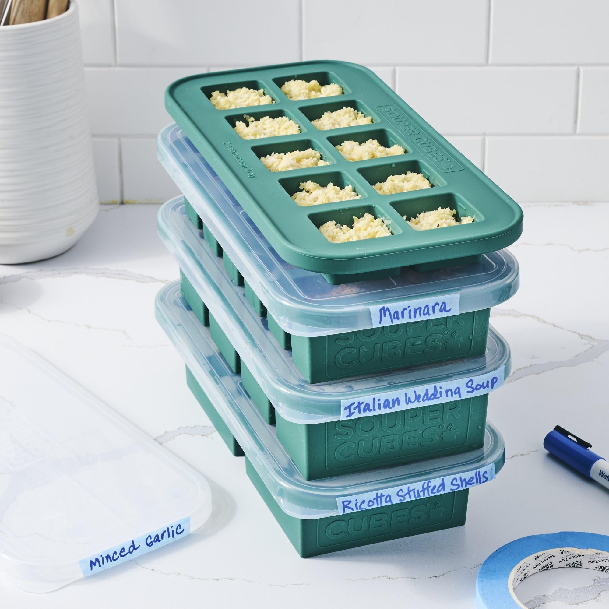 Souper Cubes kale lids and steel-reinforced rim close-up demonstrating secure seal