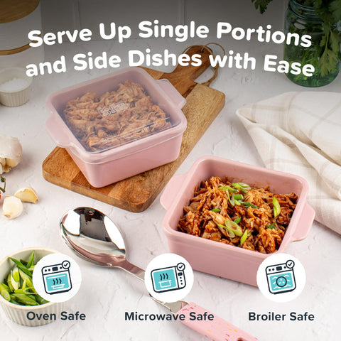 Souper Cubes stacked dishes in fridge beside hand for scale, space-saving benefit