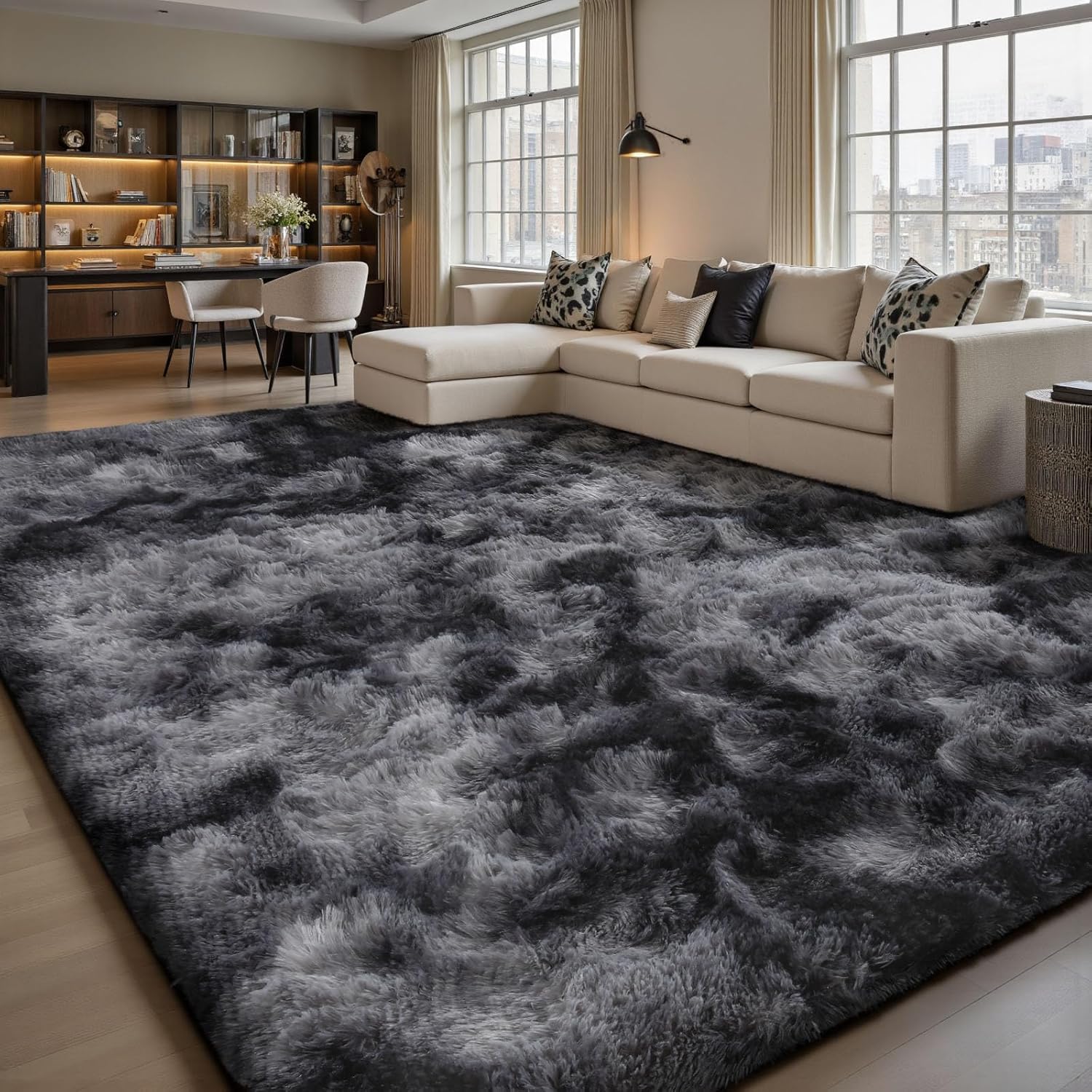 Sour Lemon front view of 8x10 grey shag rug showing full product and styling benefit