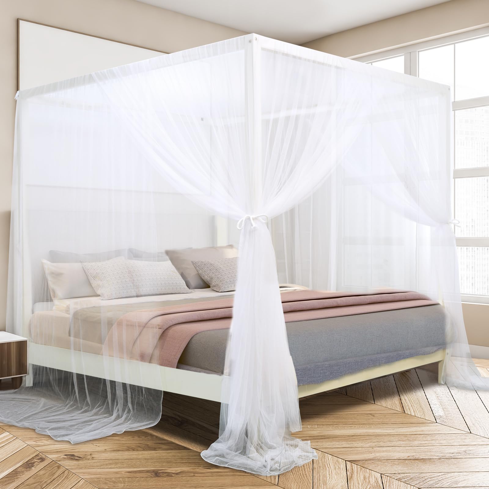 South to East front view canopy curtain shows full coverage and elegant drape benefit