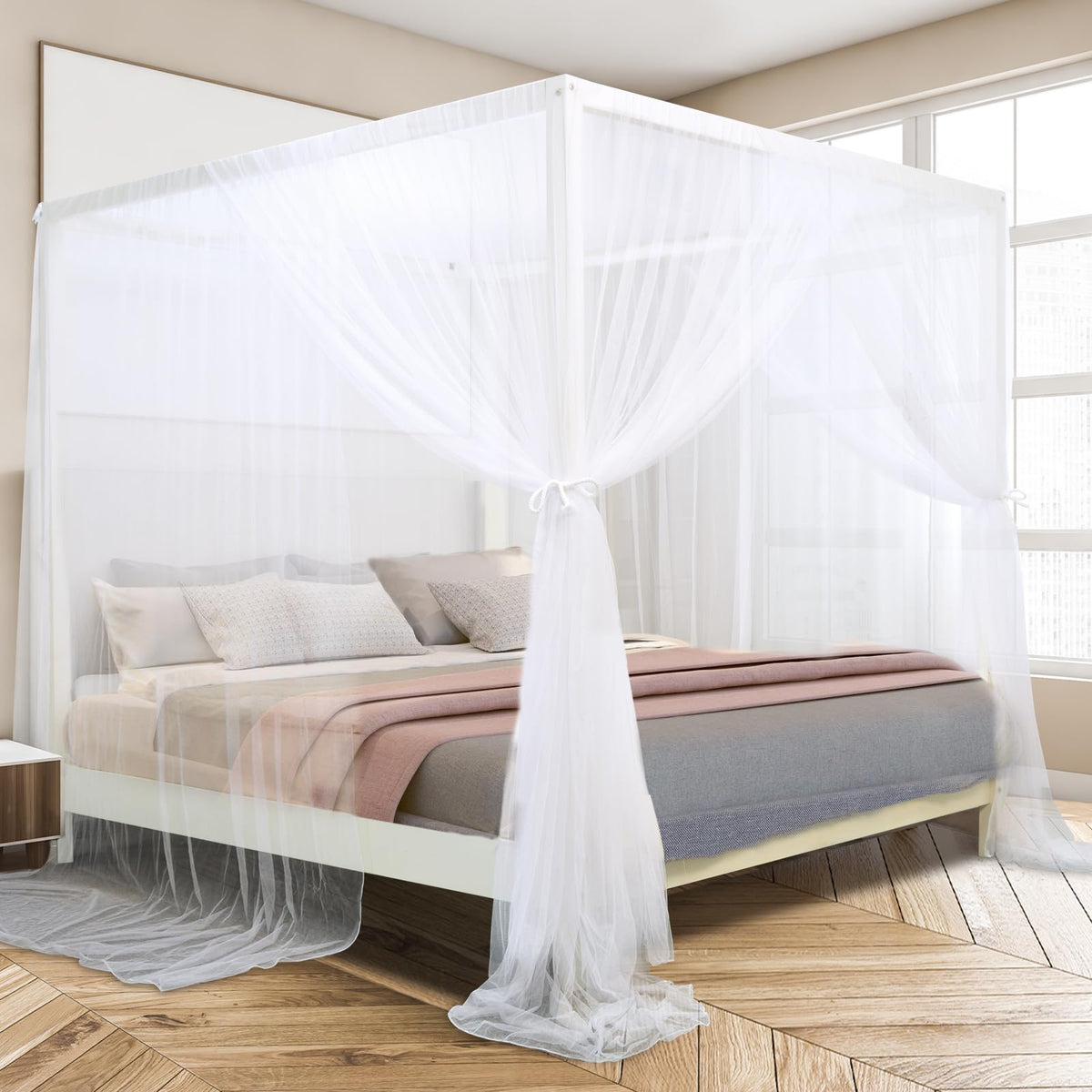 South to East front view canopy curtain shows full coverage and elegant drape benefit