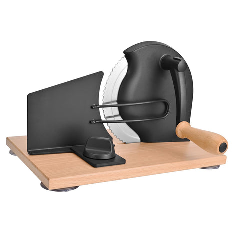 SOWKIPE front view of black manual bread slicer showing compact footprint and ergonomic handle, secure slicing