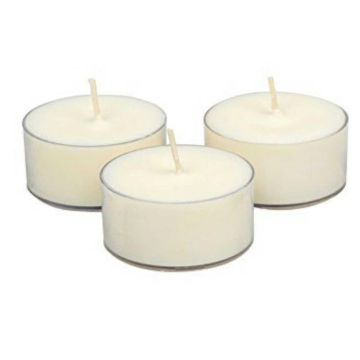 Soyworx clear cup front view showing neat unscented tealights and easy fit