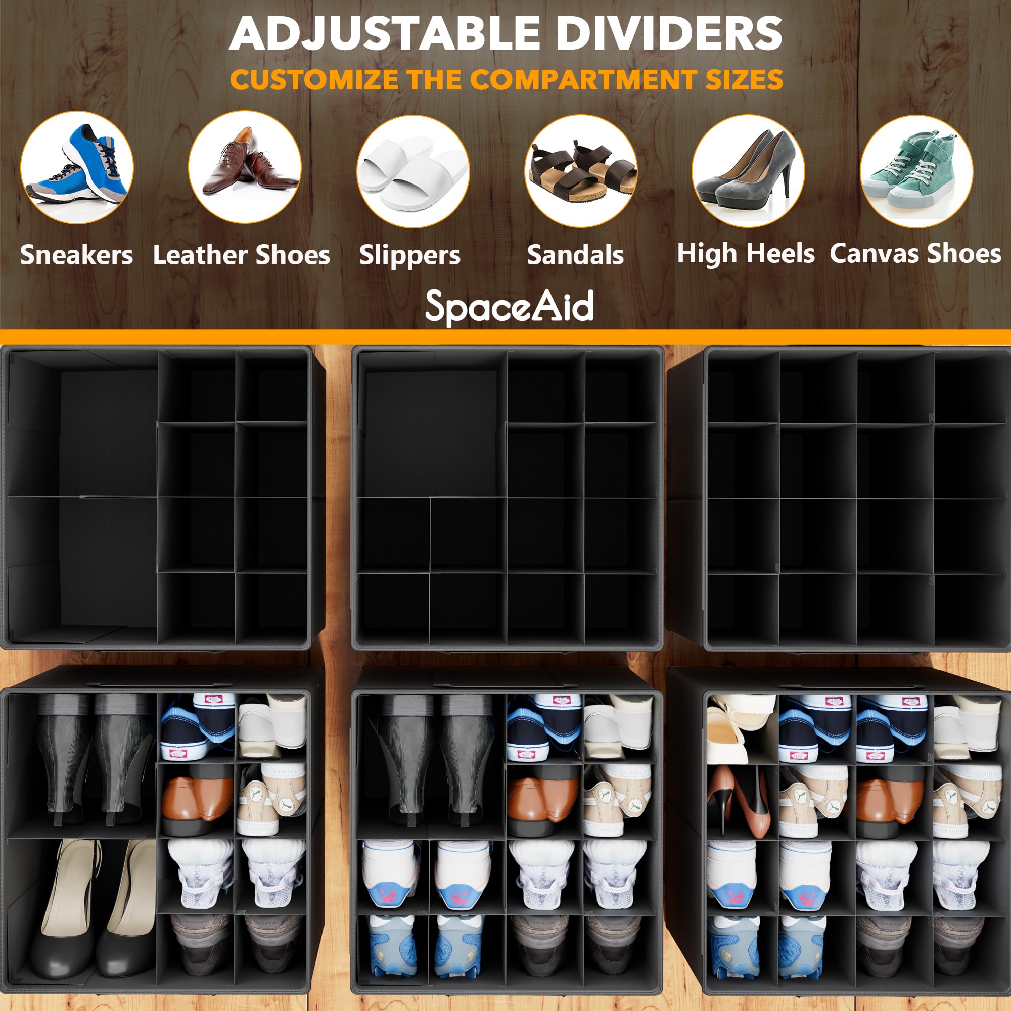 SpaceAid adjustable dividers arranged to fit mixed shoe sizes