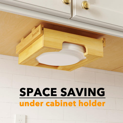 SpaceAid bamboo dispenser close-up of hinge and finish for easy refill benefit