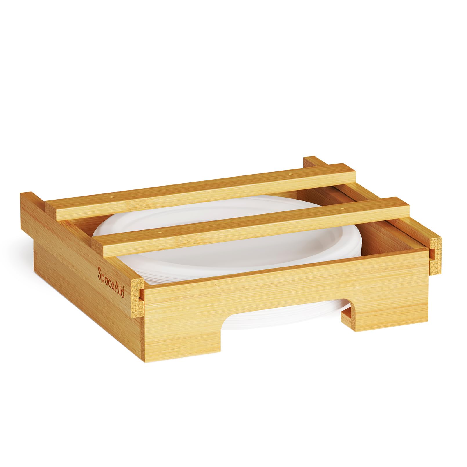 SpaceAid bamboo dispenser front view showing compact design and neat storage benefit