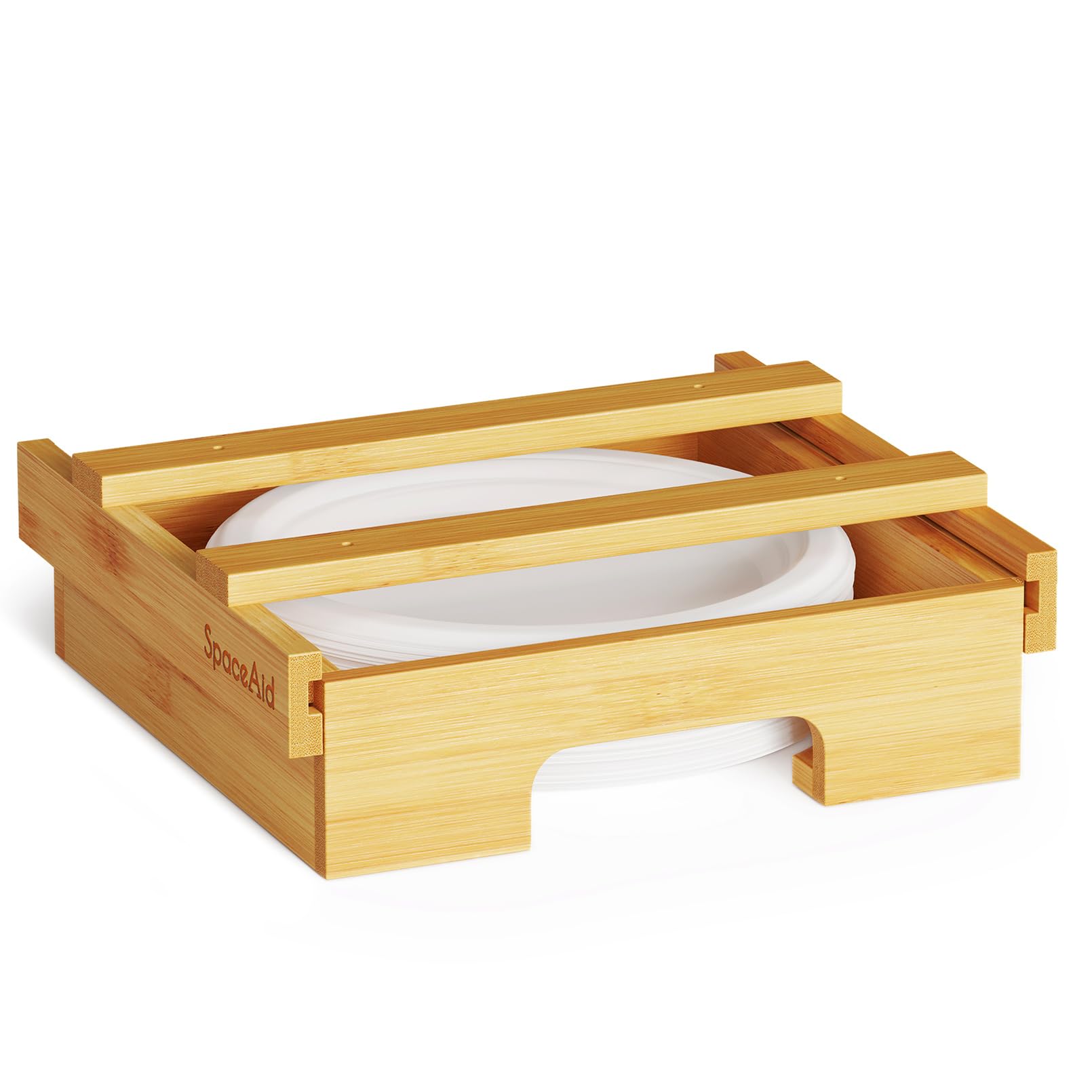 SpaceAid bamboo dispenser front view showing neat plate storage and space savings