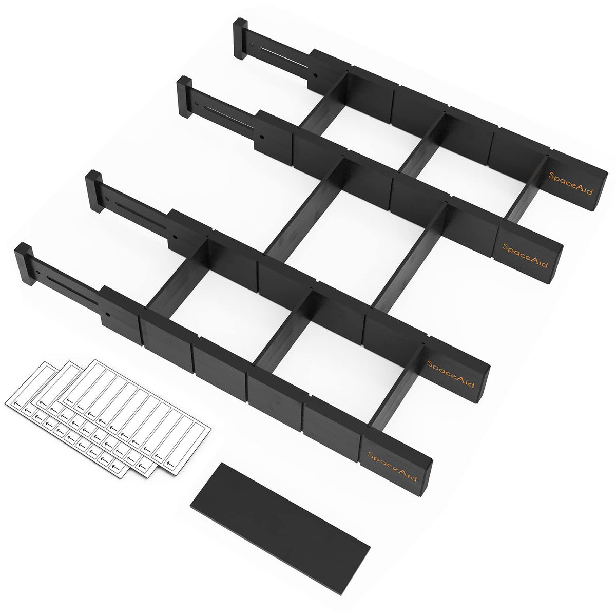SpaceAid bamboo dividers front packaging showing four black panels and labels for quick setup benefit