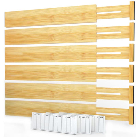 SpaceAid bamboo dividers front packaging showing six pieces and labels benefit tidy storage