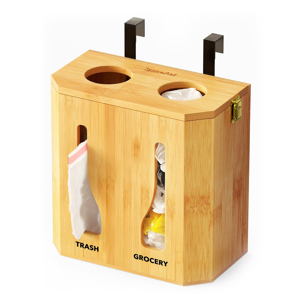 SpaceAid bamboo front view showing neat bag dispensing benefit
