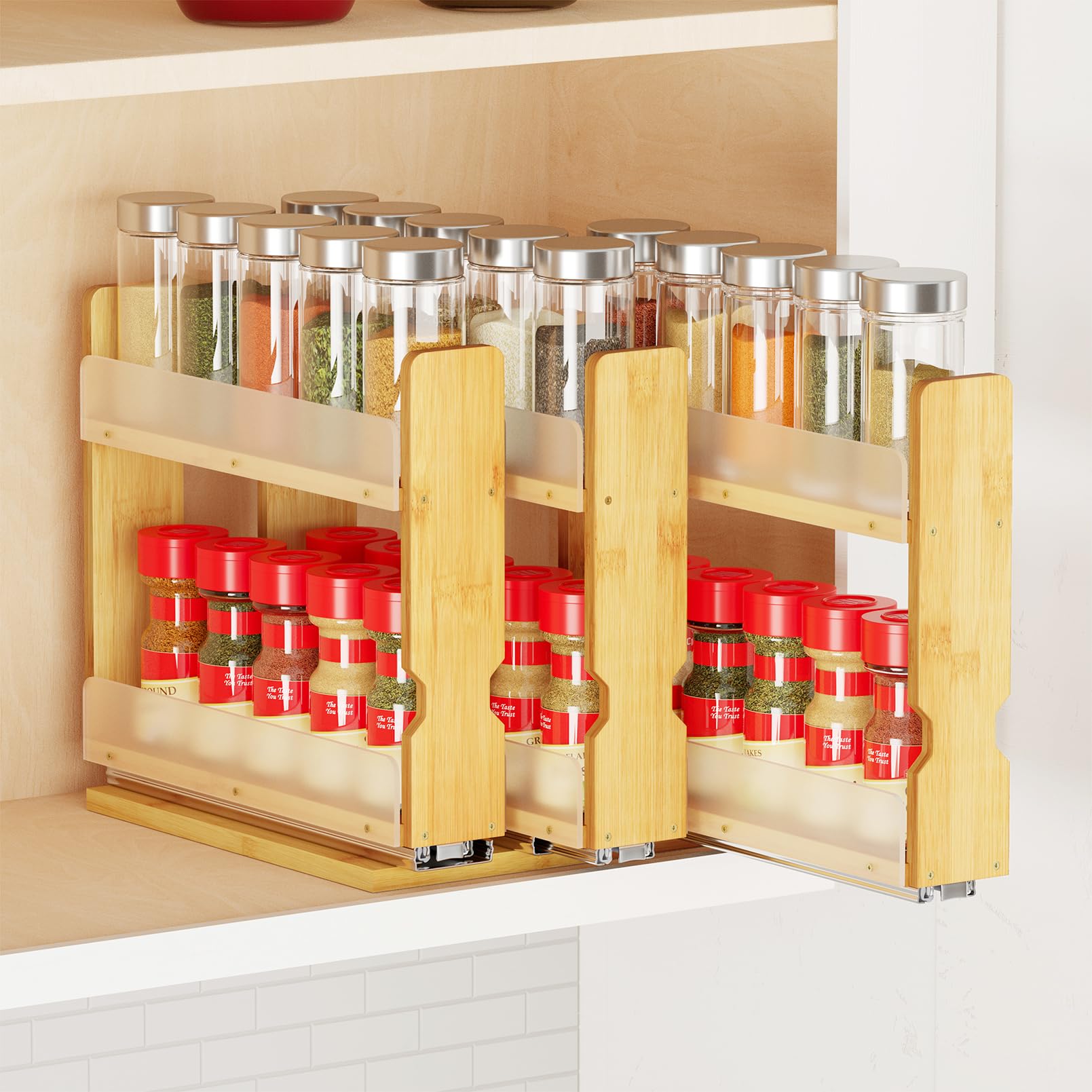 SpaceAid bamboo front view showing tidy stacked spice storage and easy access